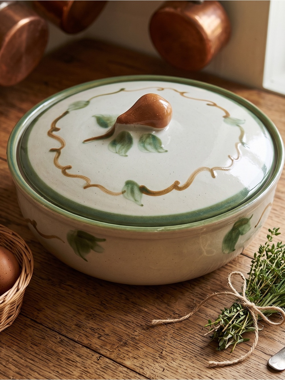 Ceramic Covered Casserole Dish with Pear Knob - Green & Brown